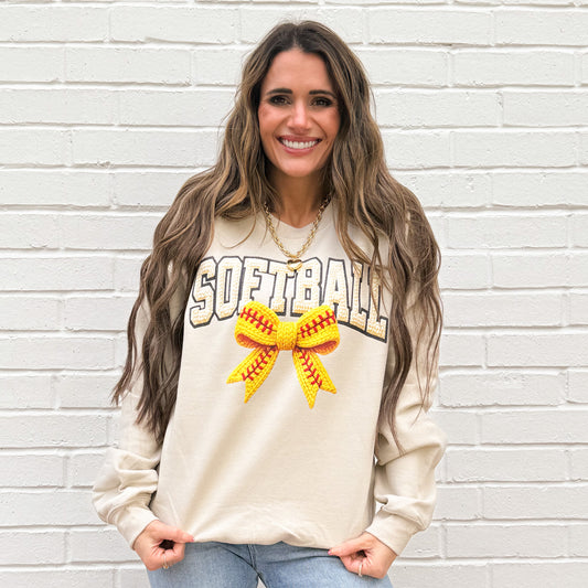 FAUX Yarn Softball Bow, Crochet Sports, Softball Mom Sweatshirt (Website)