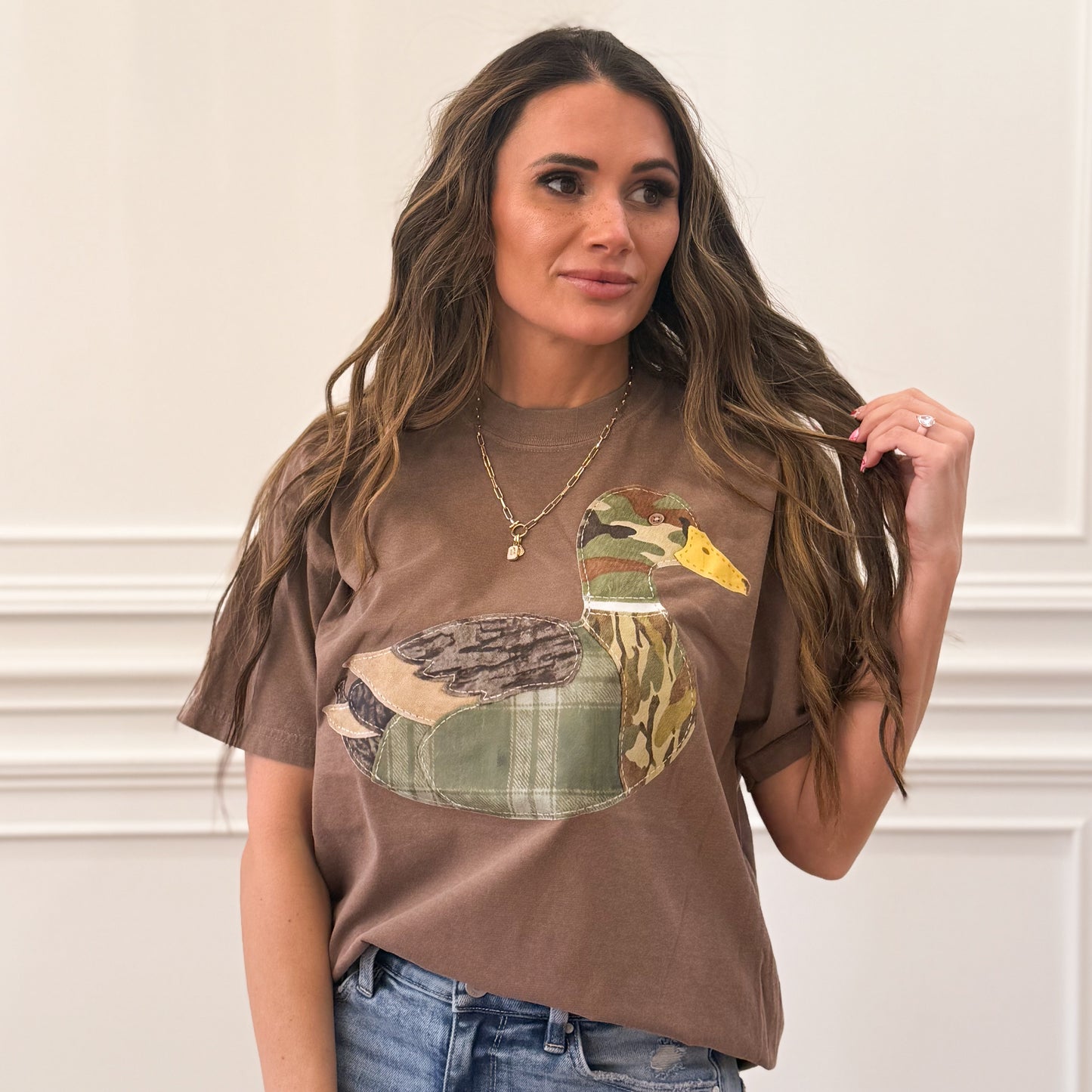 FAUX Patchwork Camo Sitting Mallard Duck, Bird Hunting, Hunting, Camo Hunting , Outdoors Nature (NOT Real Fabric Patches) Sweatshirt (Website)