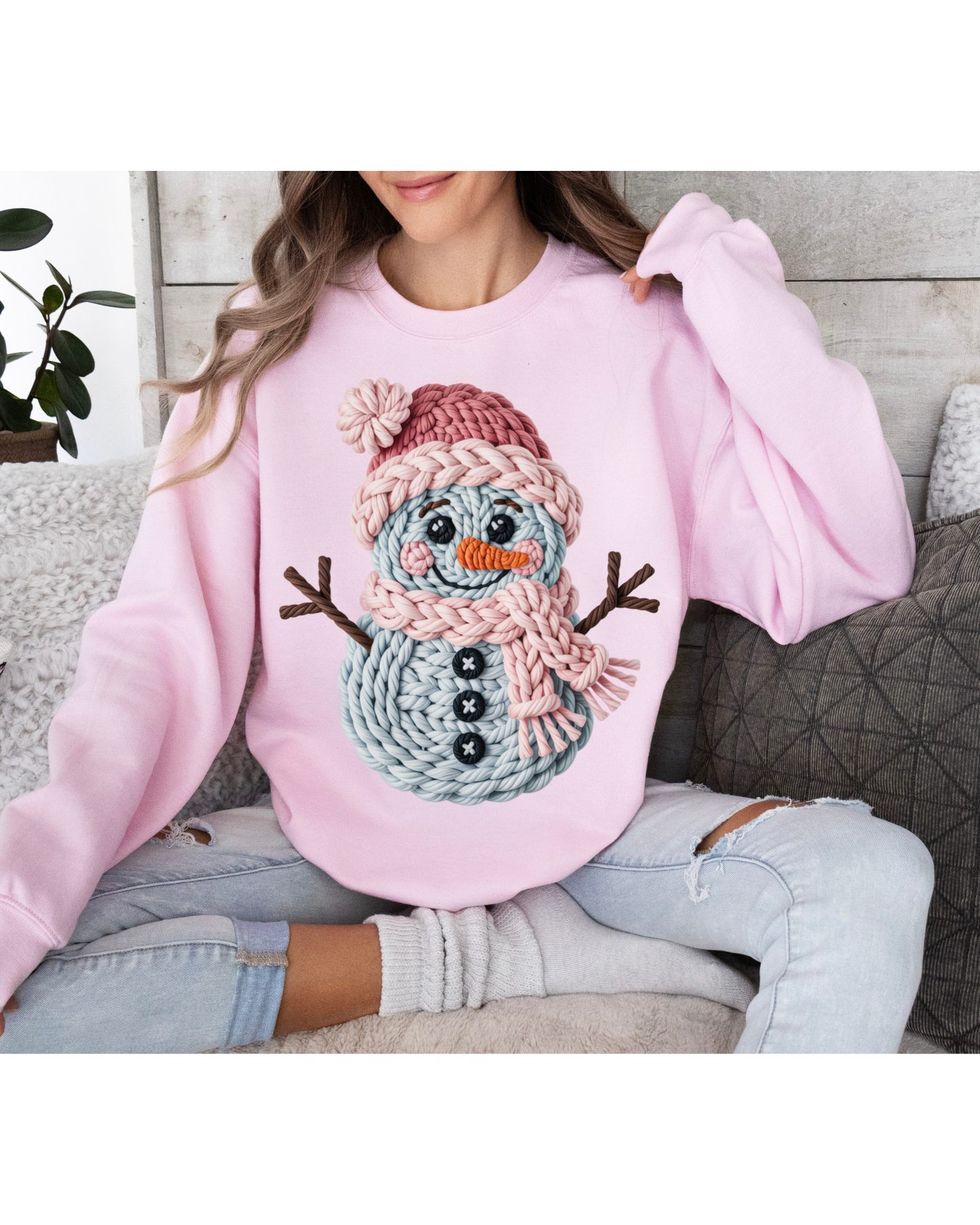 Pink snowman Christmas, Crochet Snowflake, holiday Sweatshirt