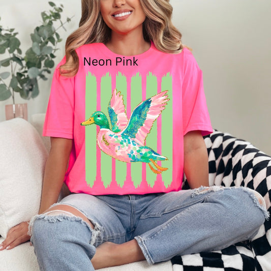 Preppy Glitter Striped Duck, Cute Duck, Mallard Duck, Summer Duck, Trendy Duck T-shirt