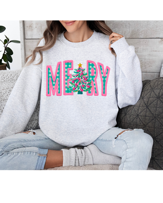 Faux Yarn Merry, Pink Christmas, Christmas Tree Holiday Sweatshirt
