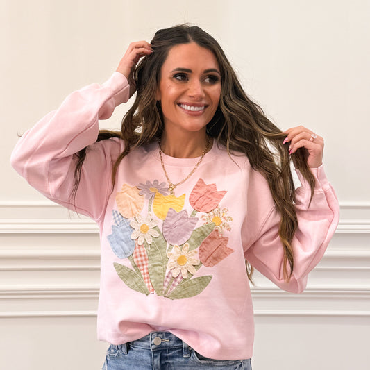 Faux Quilt Style, DTF Print, Tulips & Wildflowers Sweatshirt