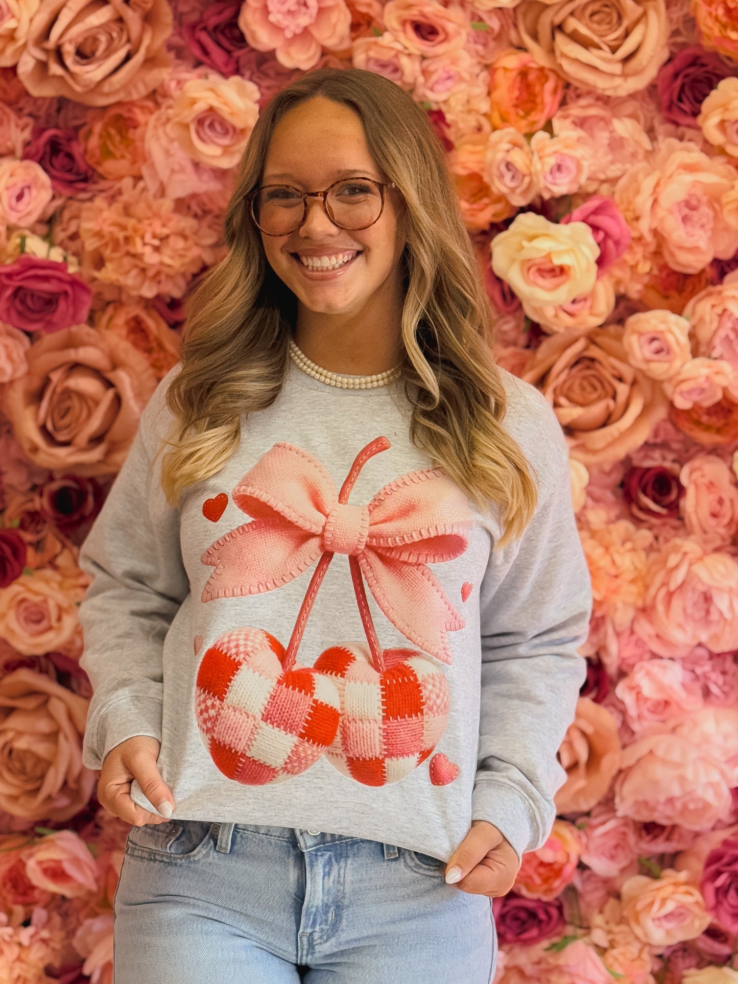 Cherry with Bow, Faux Crochet Patches Valentines Day, Cherry, valentines day, Preppy, Cherry with Bow Sweatshirts