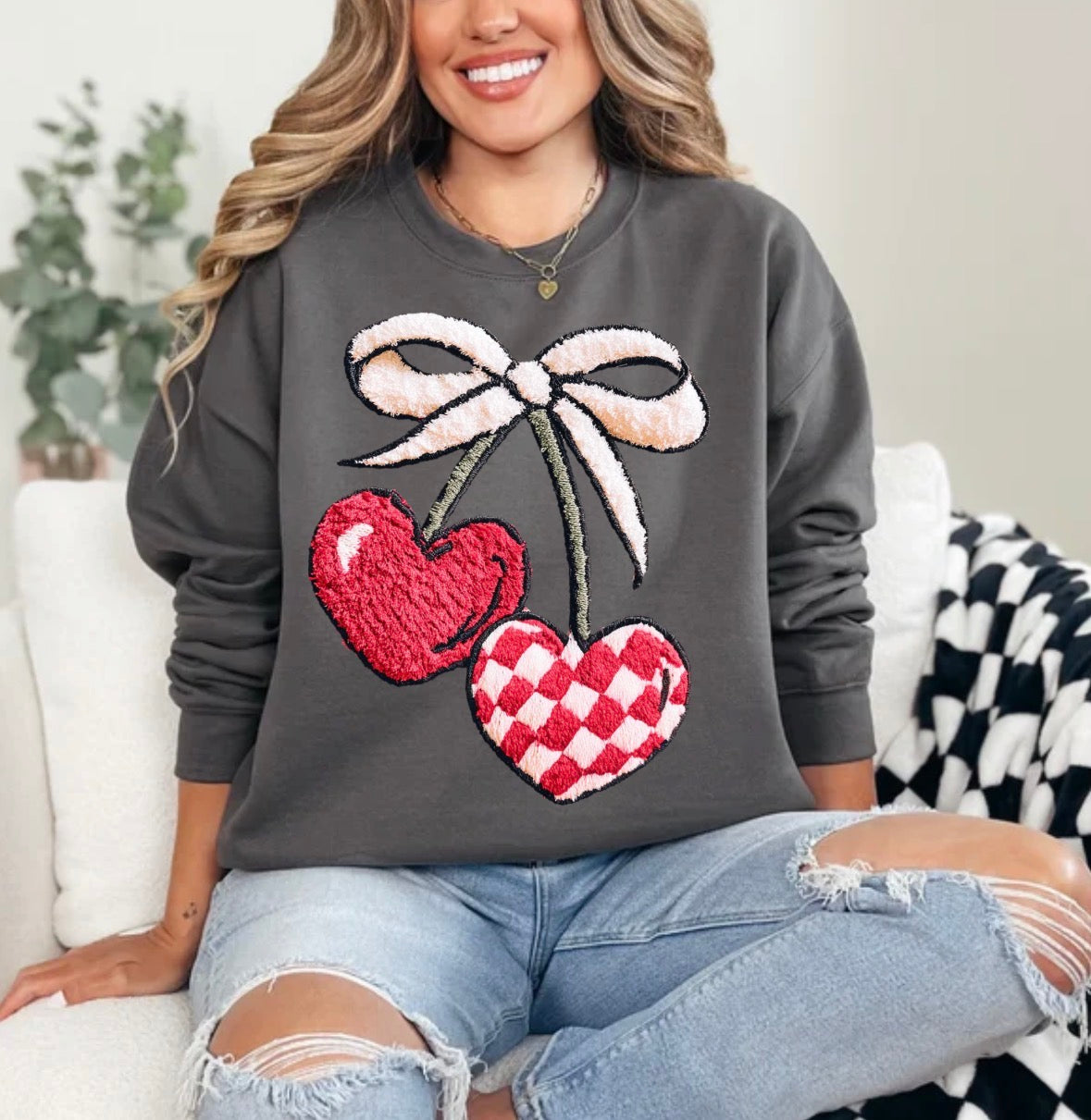 Vday Faux Fuzzy Cherry DTF Print ( not patch), Latch Hook Cherry, Retro Valentine's, Trendy Valentine, Fun Valentines Sweatshirt