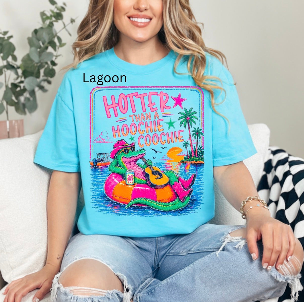 Hotter Than A Hoochie Coochie, Neon, Summer, Funny, Alligator, Trendy Summer T-shirt