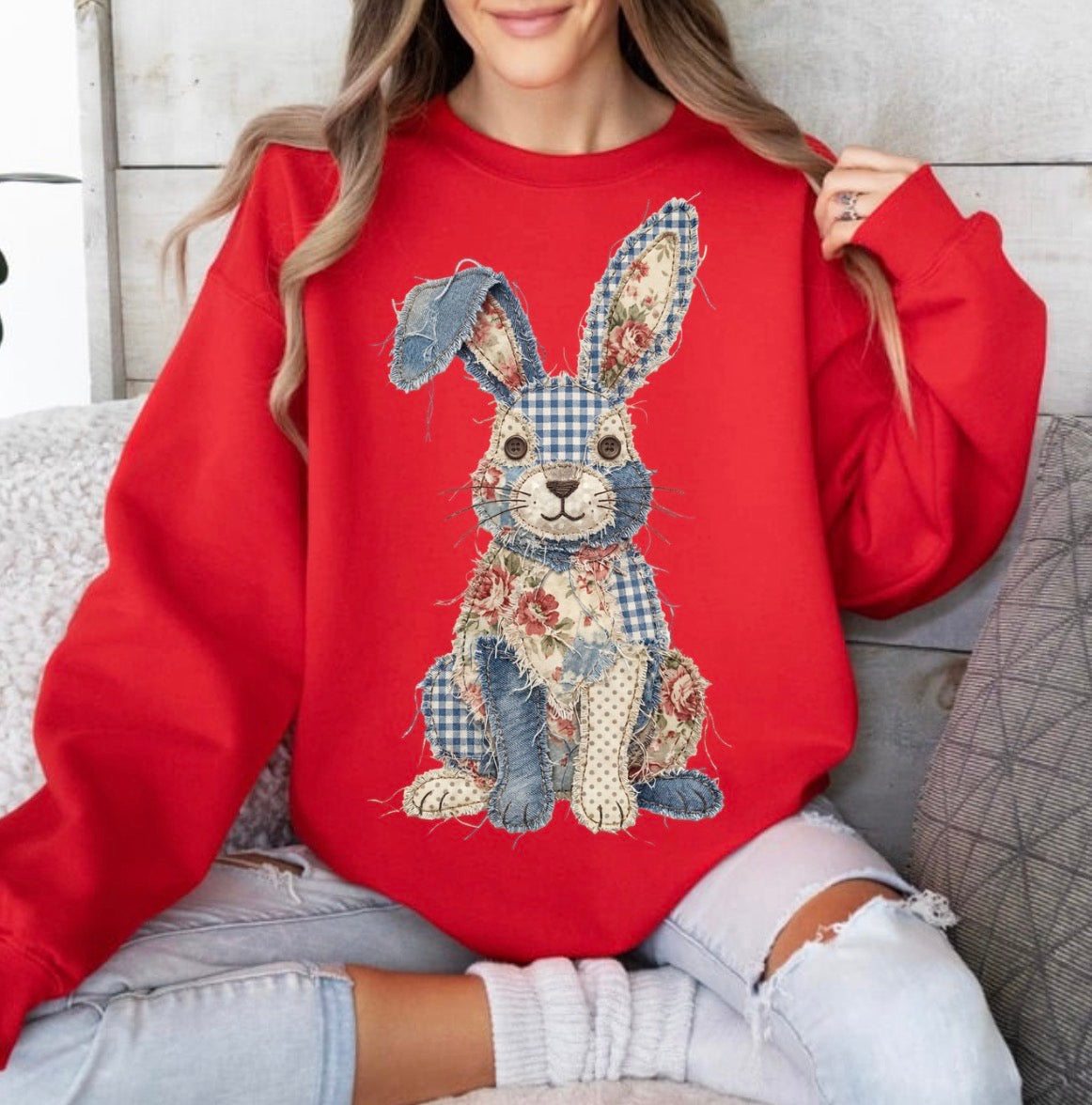 Denim Easter Bunny FAUX Patchwork , Faux Yarn , Shabby Chic, Farmhouse Bunny, Trendy Sweatshirt