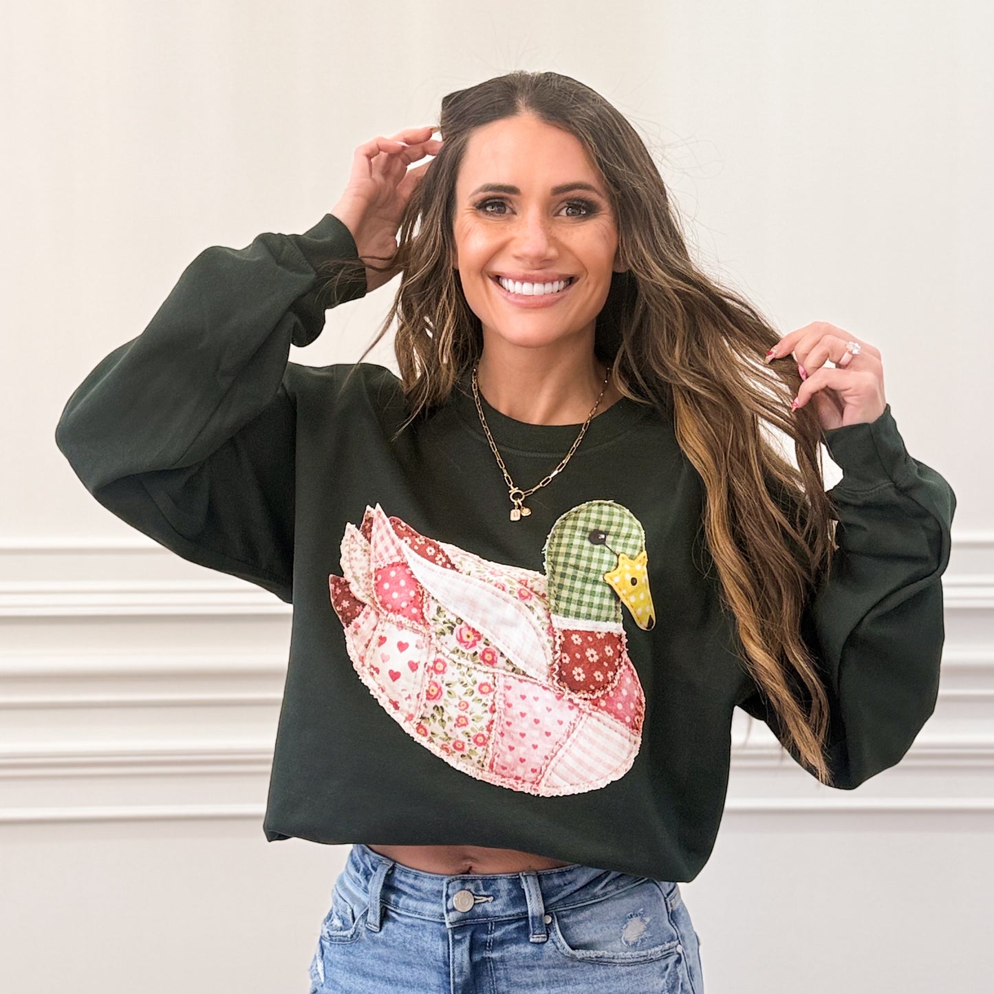 FAUX Pink DTF Print Quilted Mallard Duck,  Patchwork Duck, Pink Mallard Duck (NOT Real Fabric Patches) Sweatshirt (Website)