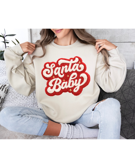 Faux Yarn Santa Baby, Christmas Chenille, Holiday Sweatshirt