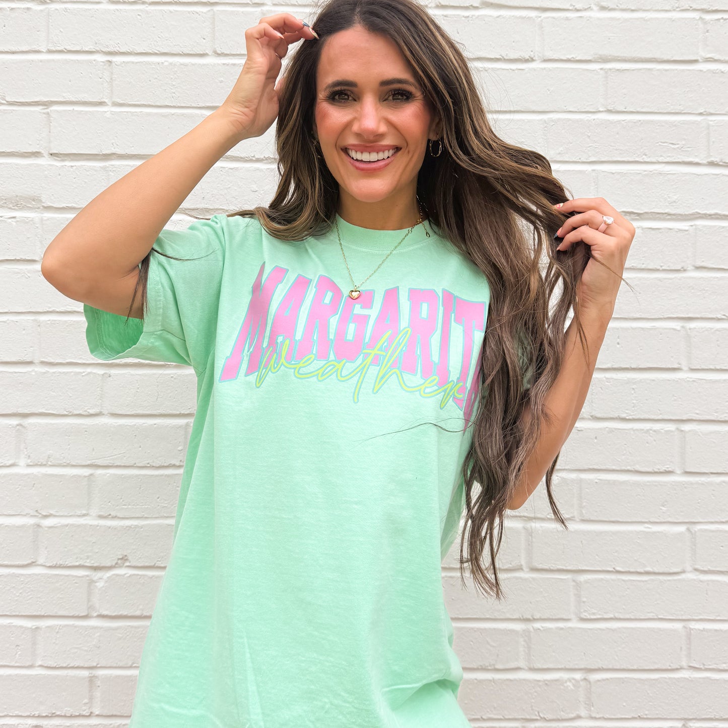 Margarita weather Distressed Varsity, Summer Shirt, Trendy Summer, hot pink, teal, Aesthetic Summertime Distressed T-shirt (Website)
