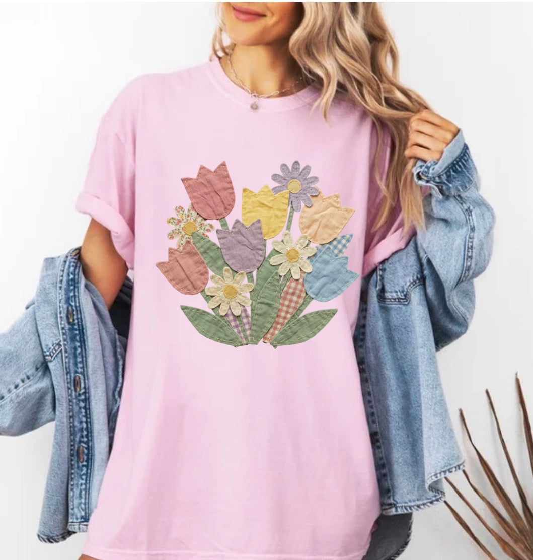 Faux Quilt Style, DTF Print, Tulips & Wildflowers Sweatshirt