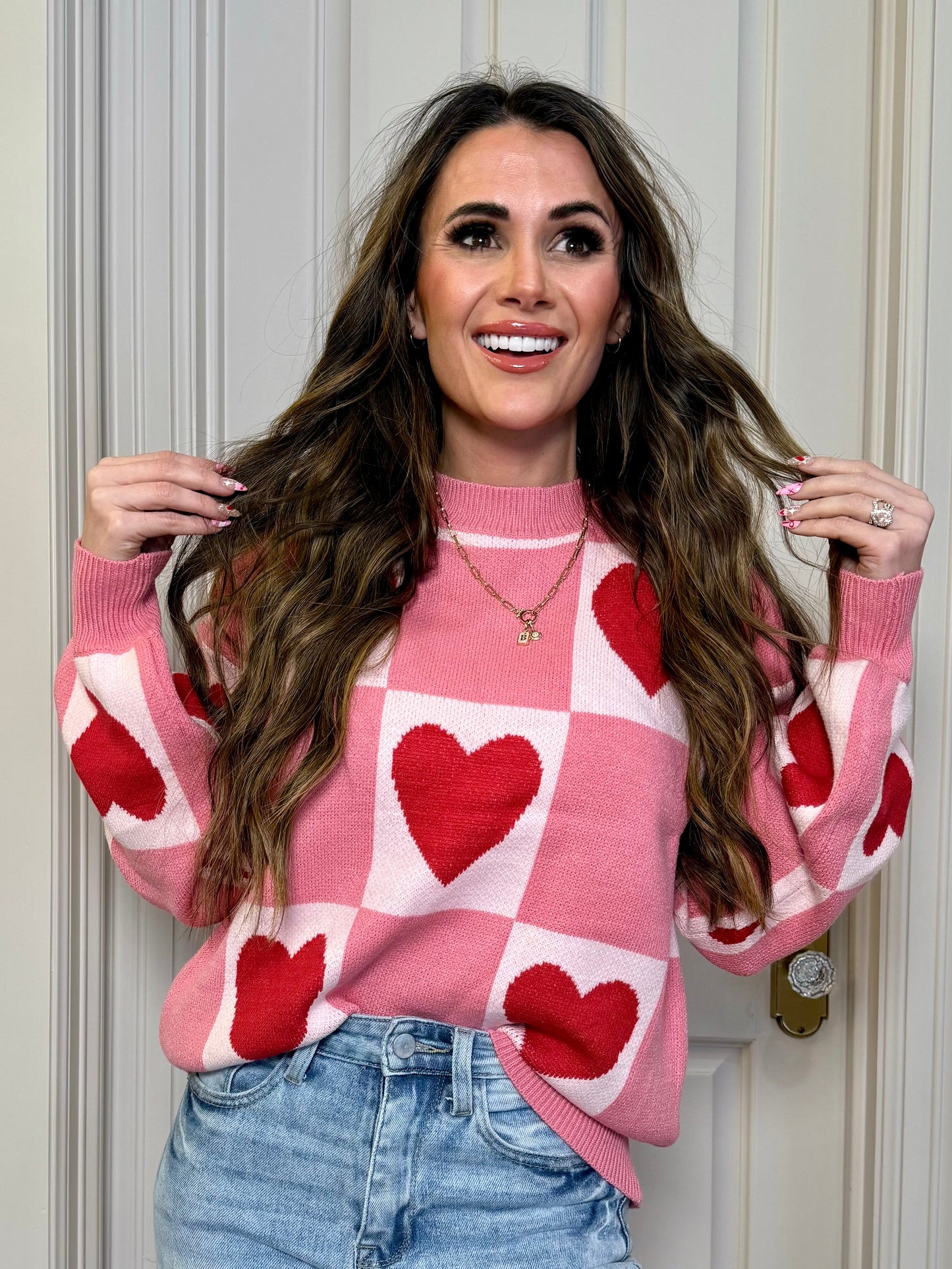 Pink Love Heart Checkered Valentine  Sweater