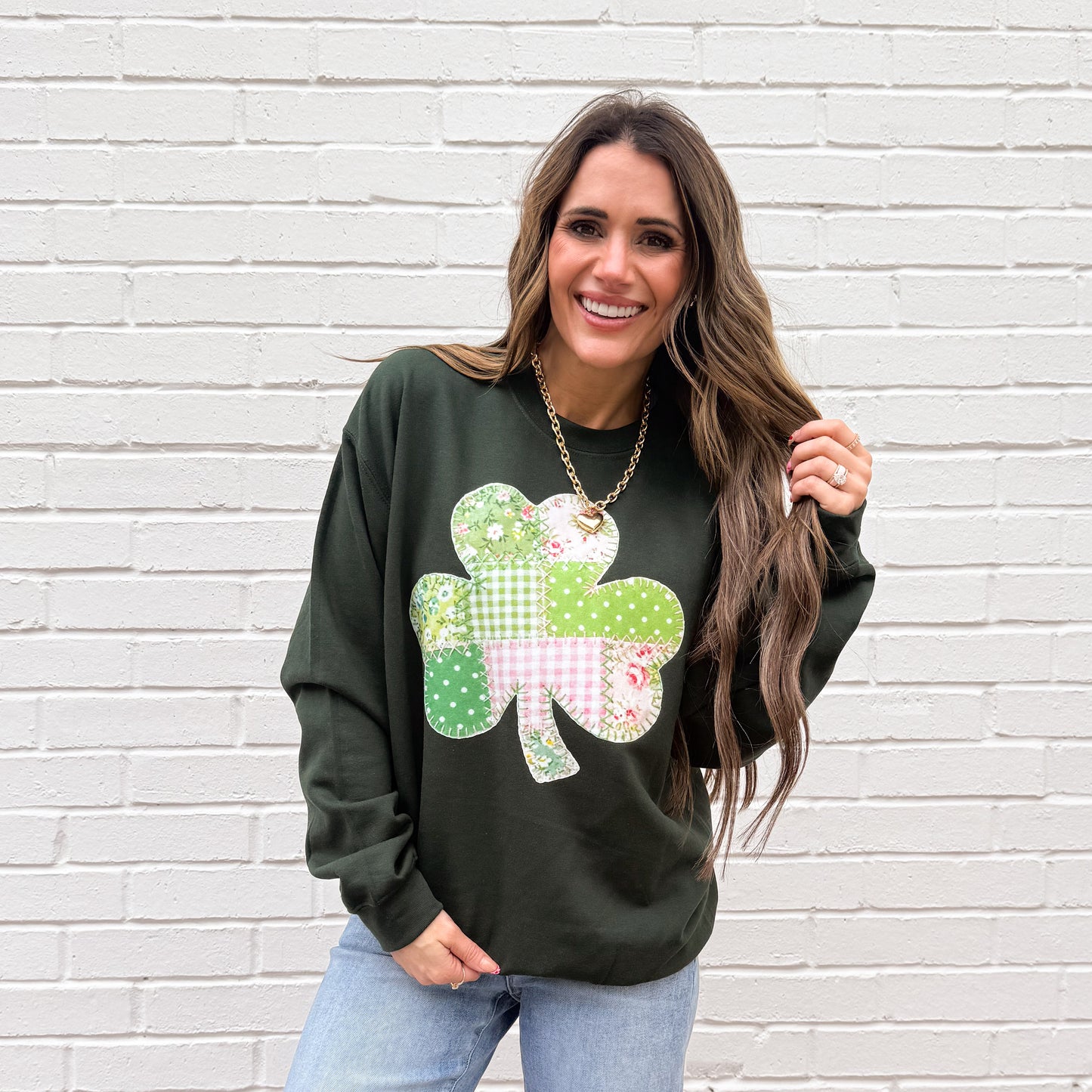 Floral FAUX Patchwork Shamrock, Vintage Faux Fabric Clover, Pink Green Stitched Shamrock, ( NOT Real Fabric Patches)Sweatshirt