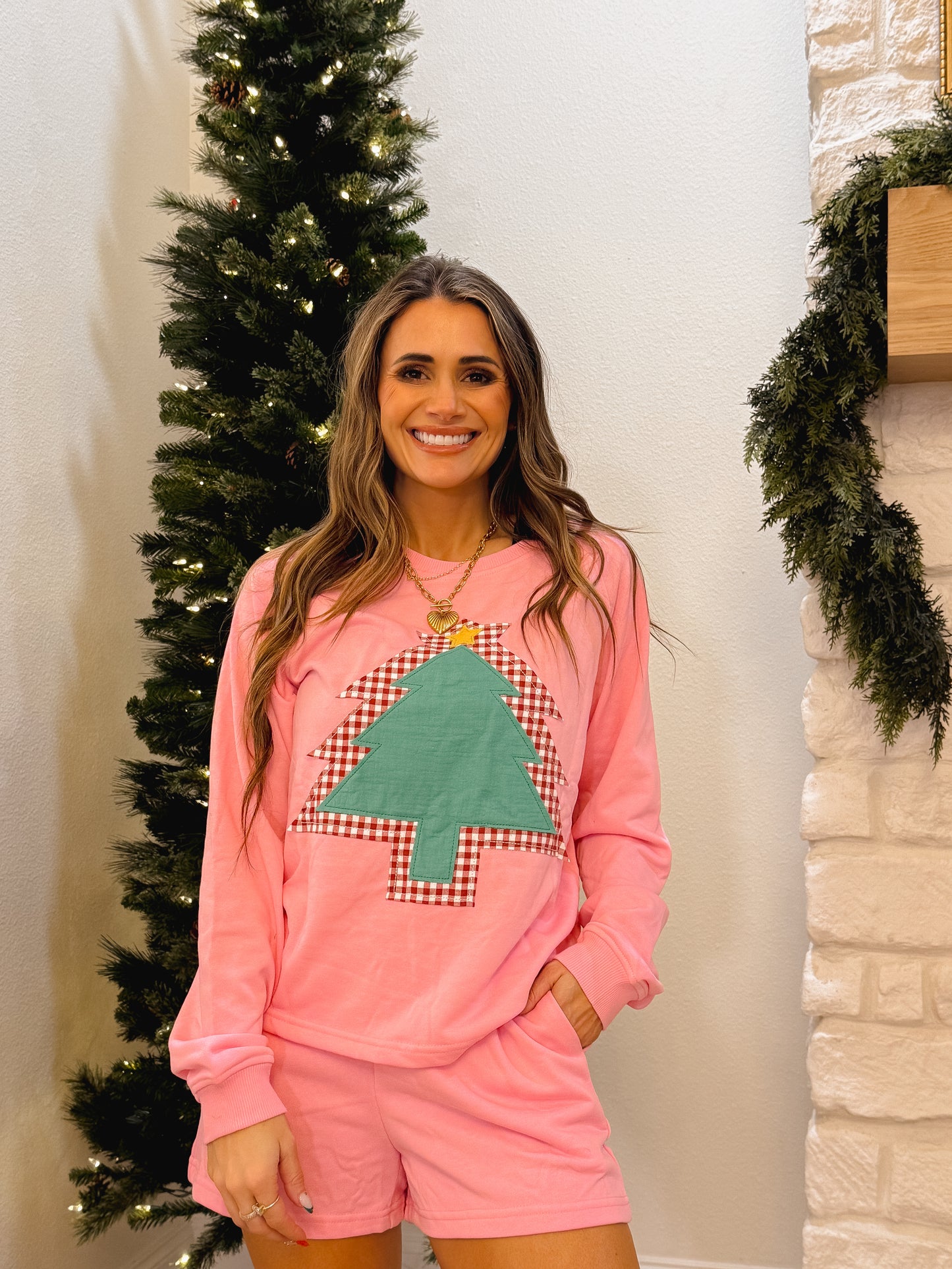 Pink Longsleeve Christmas Tree Two-Piece Set