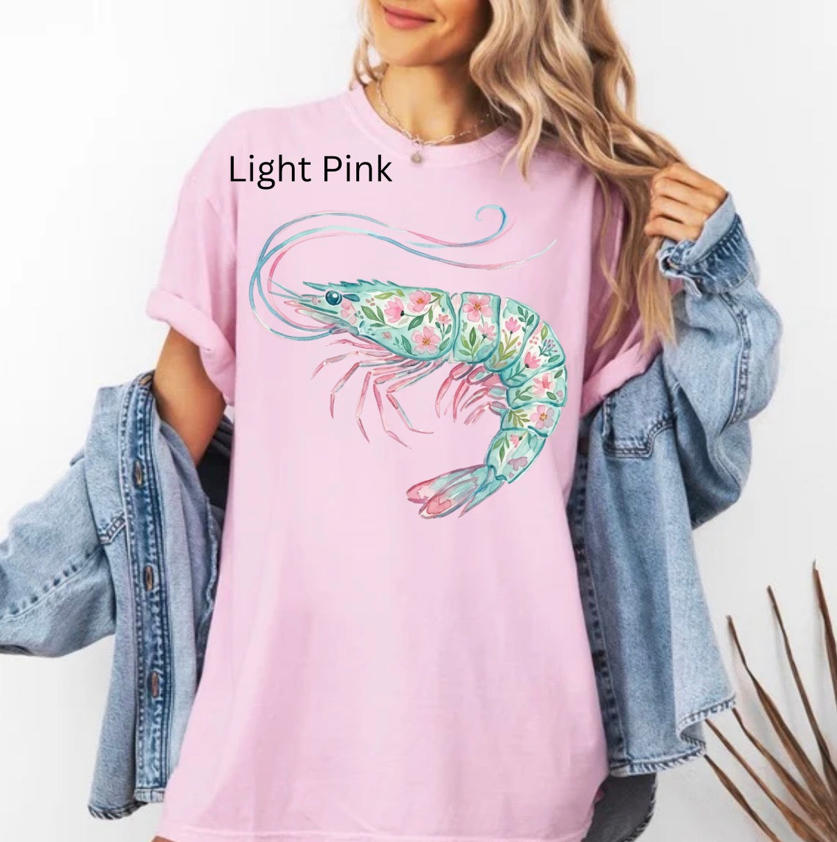 Floral Shrimp, Watercolor Coquette, Shrimp by the sea, on the coast, Small Coastal Town T-shirt