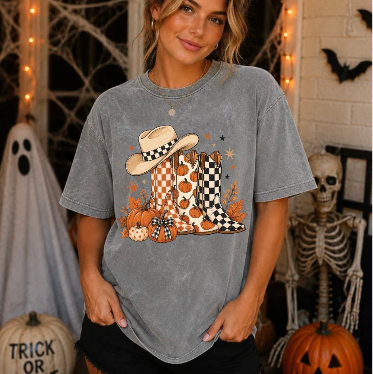 Fall Cowboy Boots, Checkered Boots, Cowboy Fall, Western Fall, Boots, Pumpkins, Trendy Western Fall T-shirt