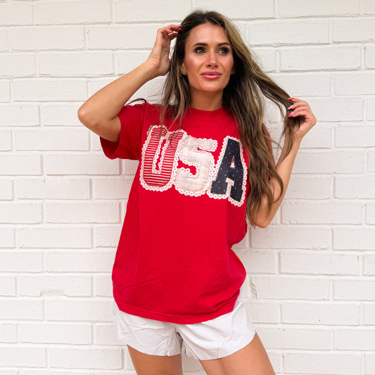 Preppy USA With Lace, Coquette USA, Patriotic, Retro 4th Of July Shirt, Girly USA Shirt, Independence Day