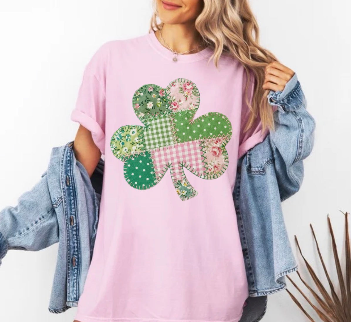 Floral FAUX Patchwork Shamrock, Vintage Faux Fabric Clover, Pink Green Stitched Shamrock, ( NOT Real Fabric Patches)Sweatshirt