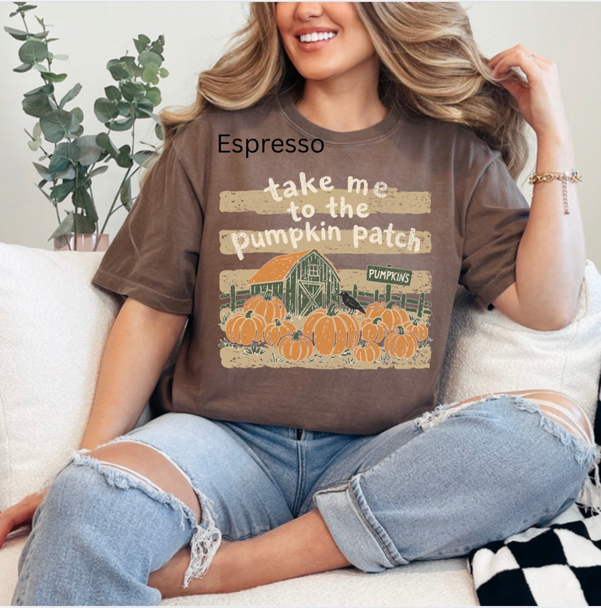 Take me to the pumpkin patch, fall vibes, cozy season, autumn, leaves, trendy fall t-shirt