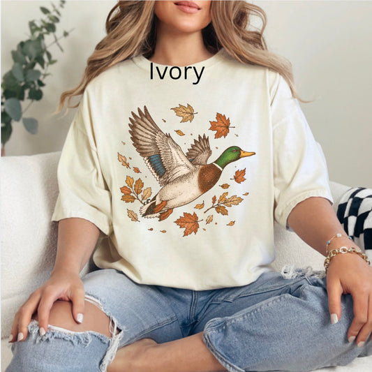 Flying Mallard Duck w/ Leaves, Vintage, Fall, Duck Hunting, Distressed Hunting, Trendy Outdoor T-shirt