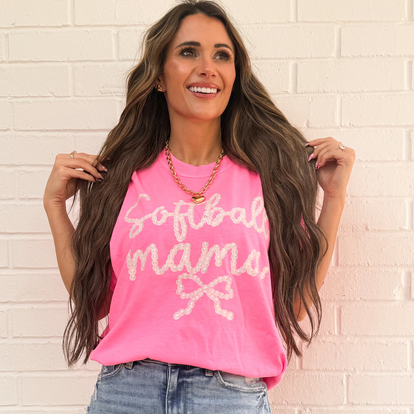 Preppy Baseball And Softball Bow FAUX Pearls, Baseball Game Day, Softball Mom, Sports Mom Design, Faux Pearls Trendy Sweatshirt (Website)