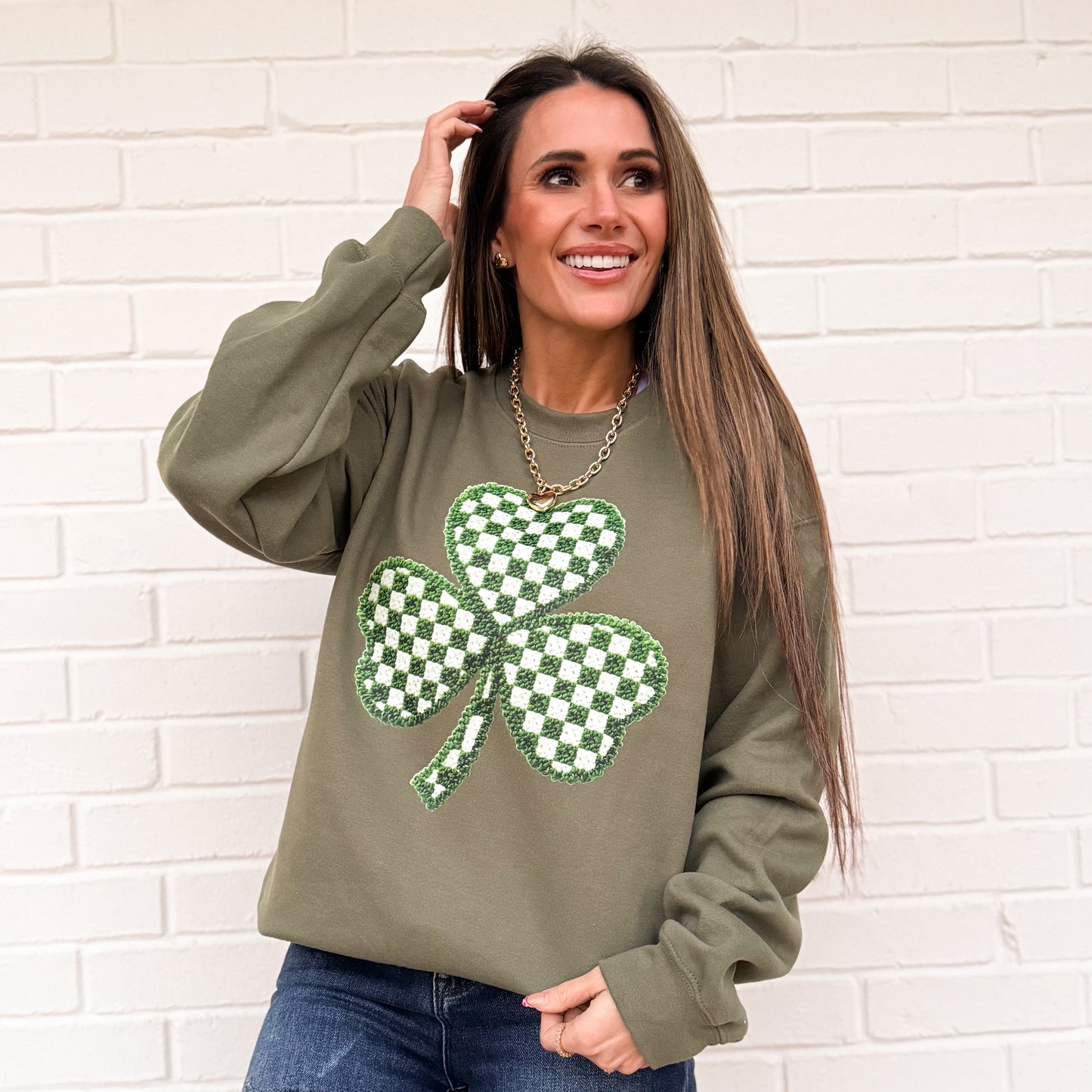 FAUX Knit St Patricks Day Clover, Faux Knit, Trendy Checkered Shamrock Knit, Faux Yarn Patricks Day , Latch Hook Yarn (NOT Real Fabric Patches) Sweatshirt (Website)