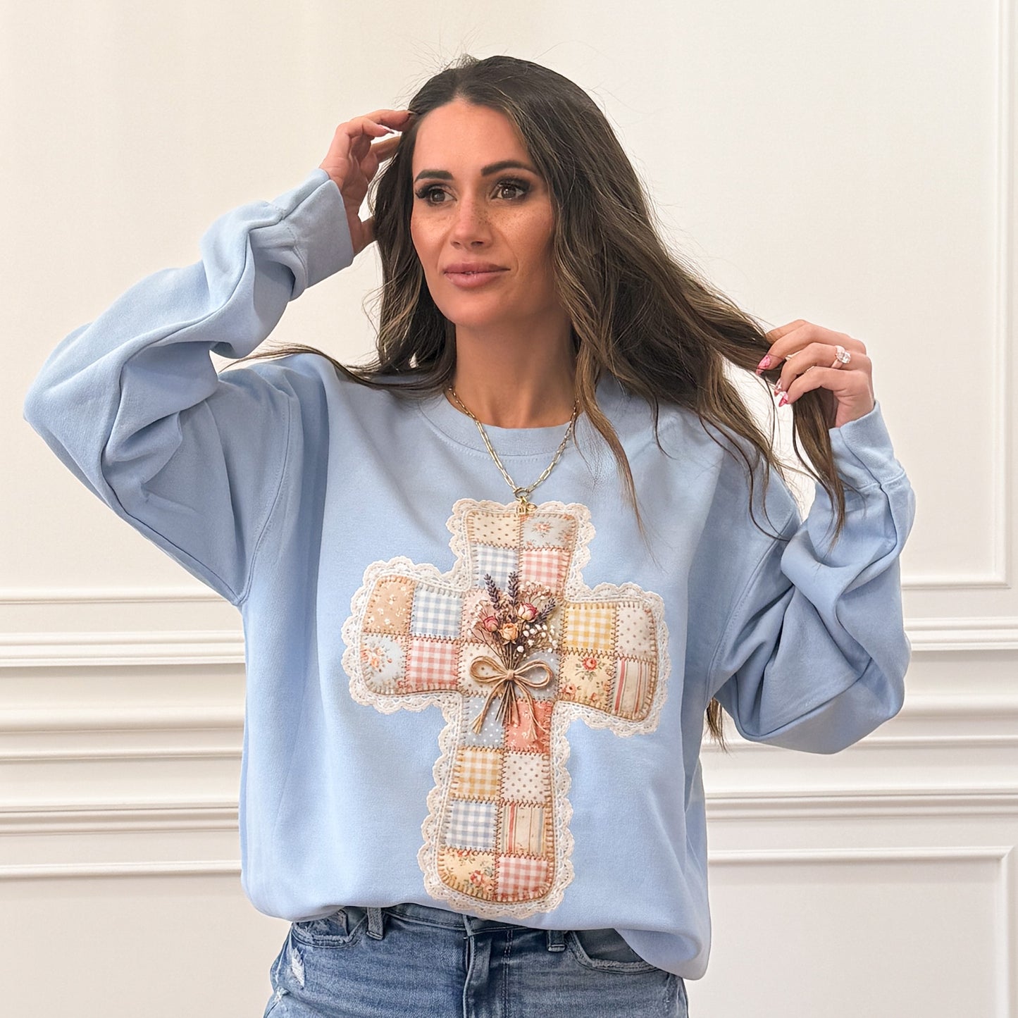 FAUX Patchwork Cross, Vintage Quilt Cross , Floral Lace Cross, Christian Sweatshirt (NOT Real Fabric Patches) (Website)