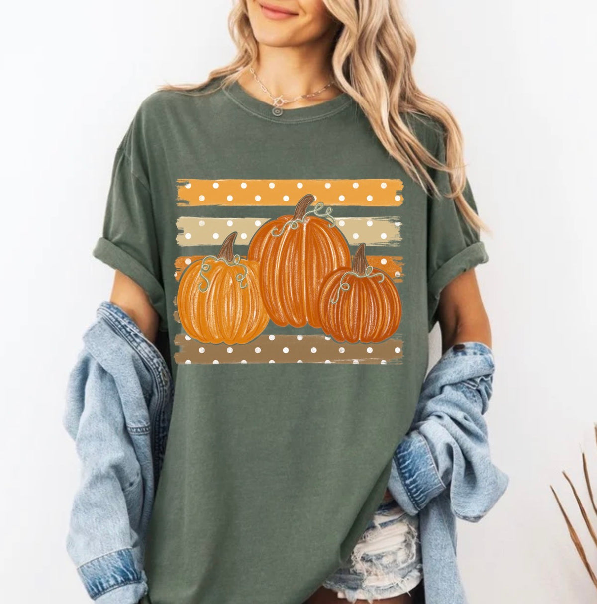 Preppy fall pumpkins, fall, autumn, polka dots, stripes, trendy fall T-shirt