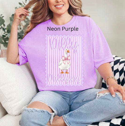 Purple Preppy Dilly Dally, Coquette Bow Goose, Funny Goose, Retro Striped Bow Goose T-shirt