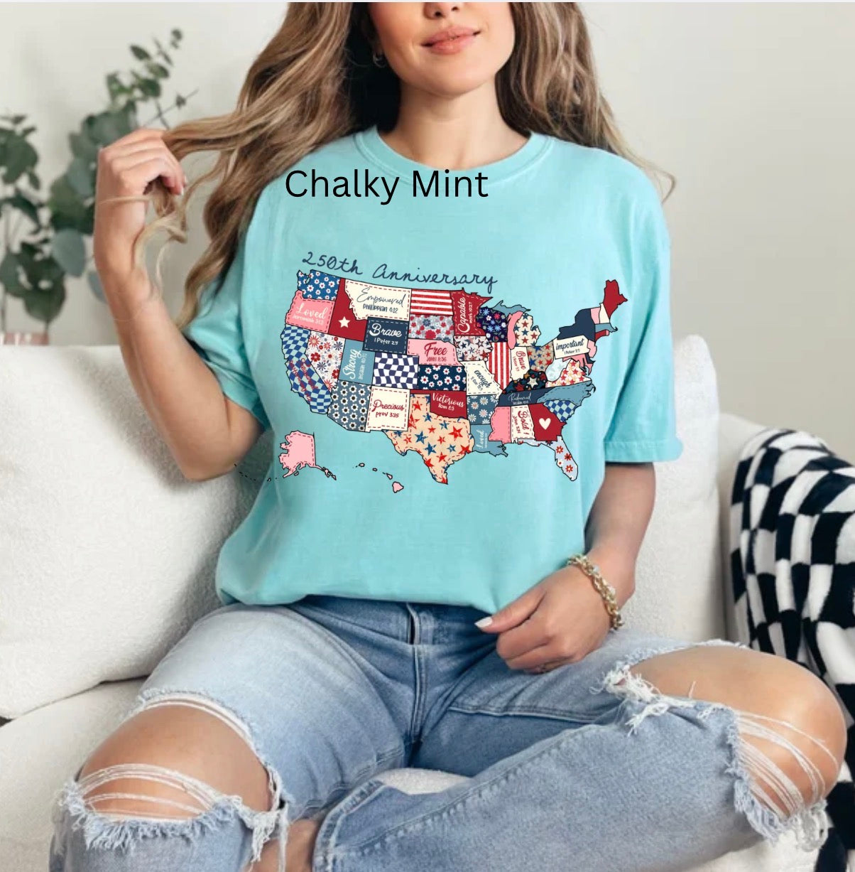 250th Anniversary, Preppy USA Map, Patriotic Patchwork, 250 Years Celebration, Anniversary T-shirt