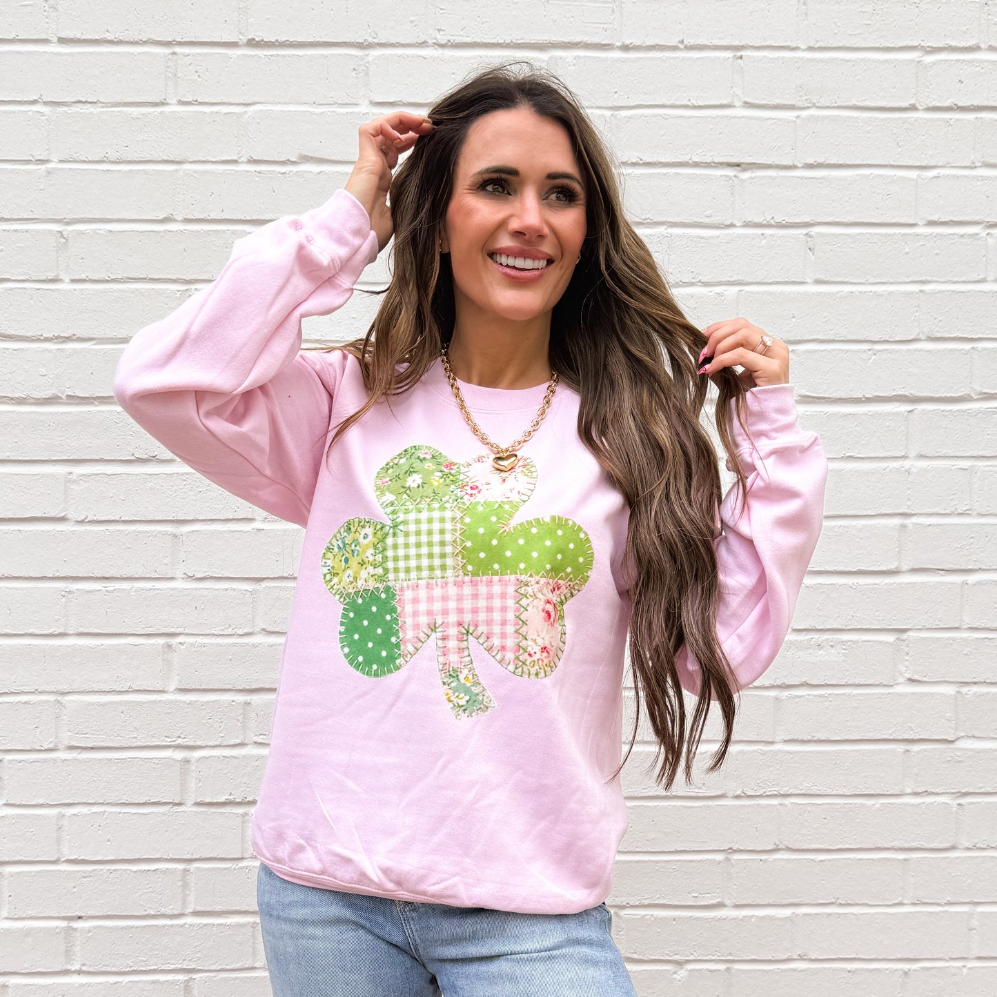 Floral FAUX Patchwork Shamrock, Vintage Faux Fabric Clover, Pink Green Stitched Shamrock, ( NOT Real Fabric Patches)Sweatshirt