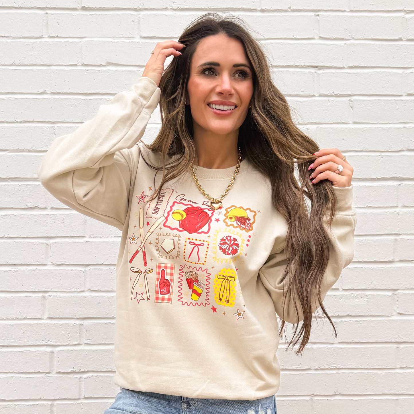 Game Day Baseball And Softball, Cute Sports with Helmet, Bat, Glove & Cheer Icons for Moms Fans, Baseball Doodle, Softball Doodle, Sweatshirt (Website)