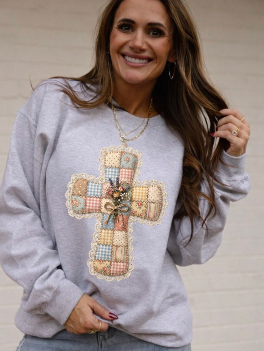 FAUX Patchwork Cross, Vintage Quilt Cross , Floral Lace Cross, Christian Sweatshirt (NOT Real Fabric Patches) (Website)