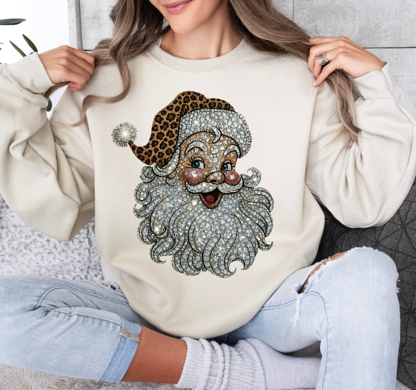 Bejeweled Santa, Cheetah Hat,  holiday Sweatshirt