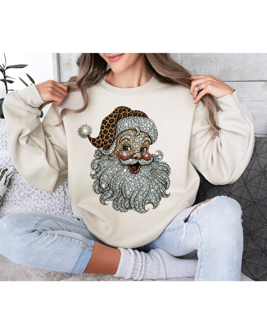 Bejeweled Santa, Cheetah Hat,  holiday Sweatshirt
