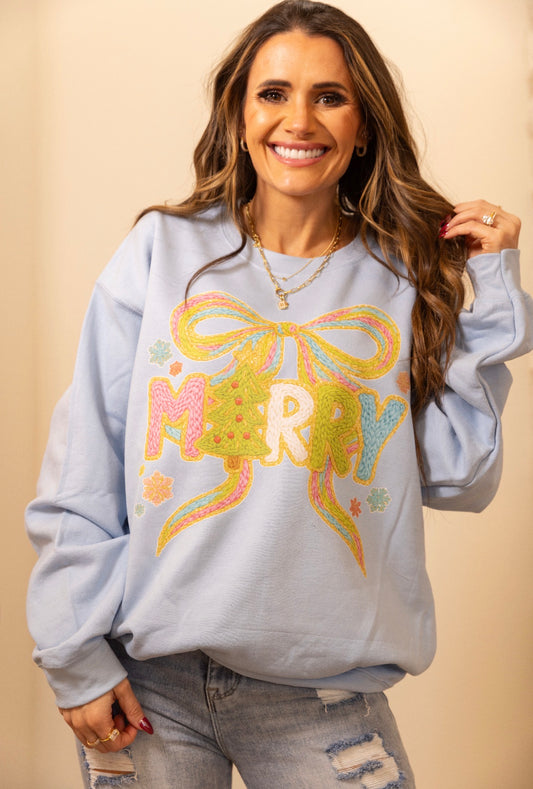 Merry Faux Yarn,Christmas Coquette, Preppy Bow Holiday Sweatshirt