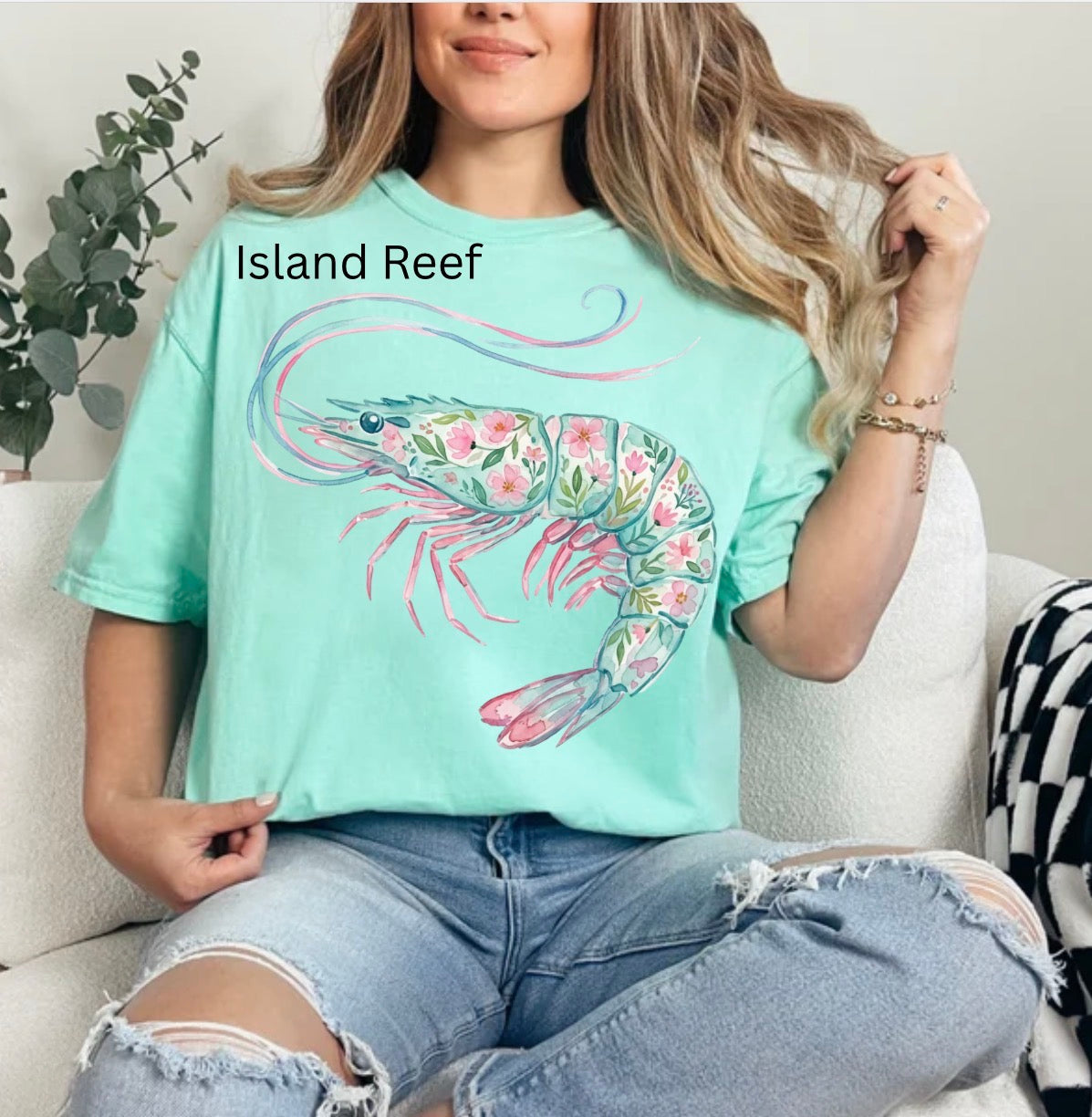 Floral Shrimp, Watercolor Coquette, Shrimp by the sea, on the coast, Small Coastal Town T-shirt