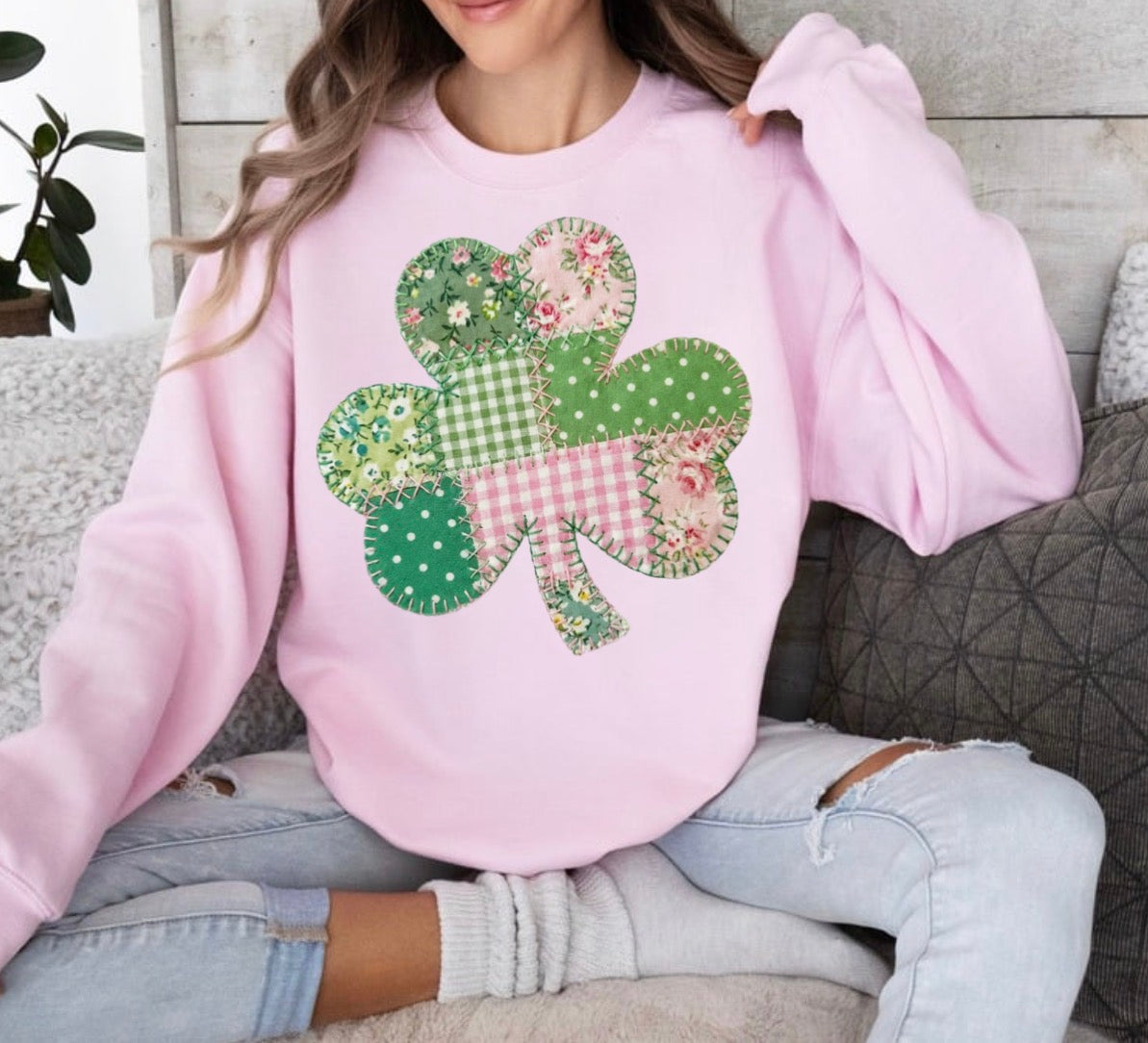 Floral FAUX Patchwork Shamrock, Vintage Faux Fabric Clover, Pink Green Stitched Shamrock, ( NOT Real Fabric Patches)Sweatshirt