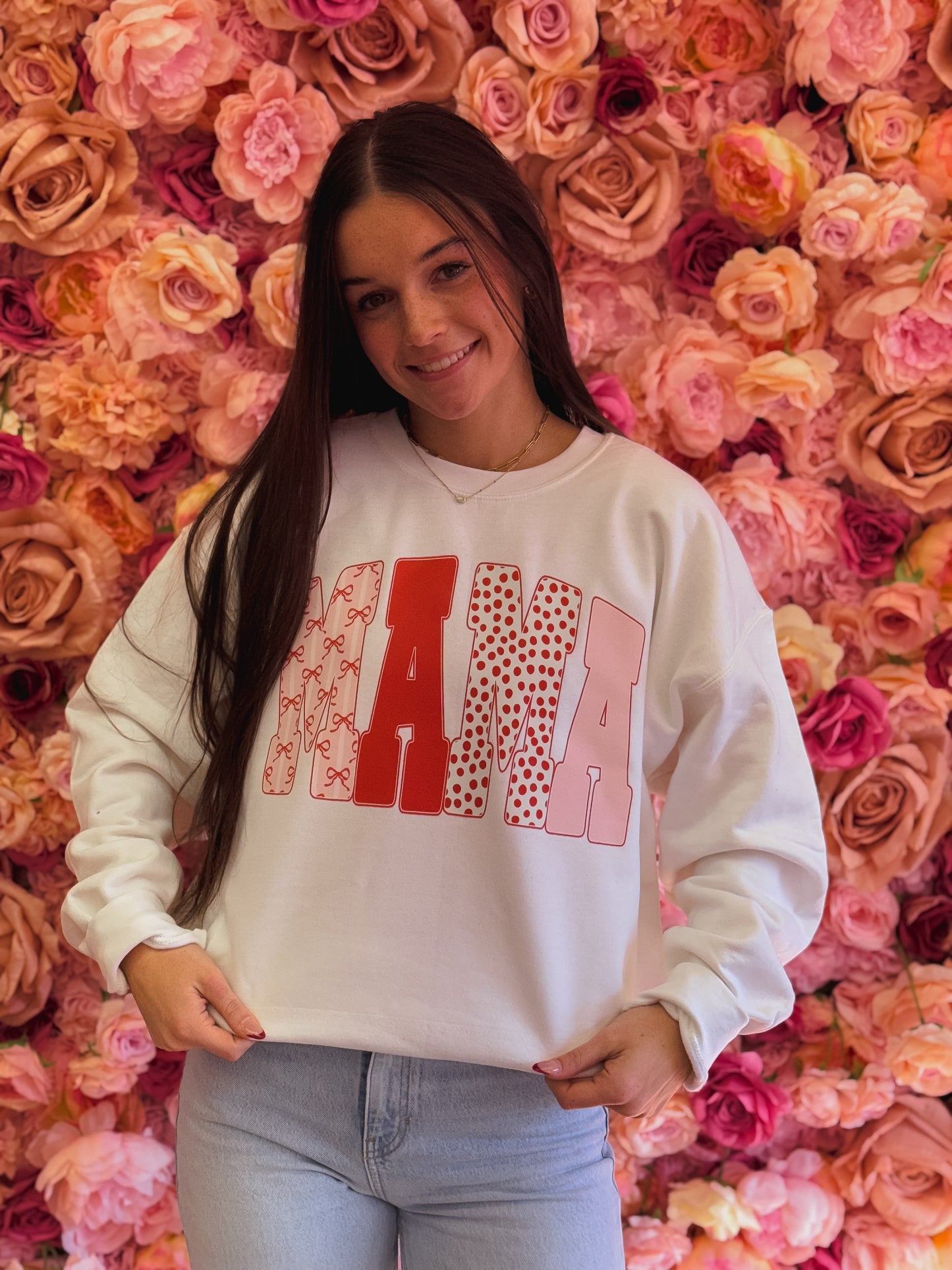 Valentines Mama, Trendy Mama, Preppy Multi Pattern Giant Print Mama, Cute Retro Mom Sweatshirt