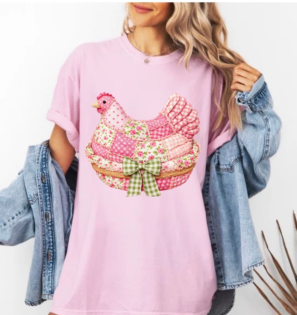 Floral Faux Quilted Patchwork Chicken DTF Print, Grandma Core Hen , 90s Inspired Stitched, Thrifted Style Granny, Cozy Quilt Sweater