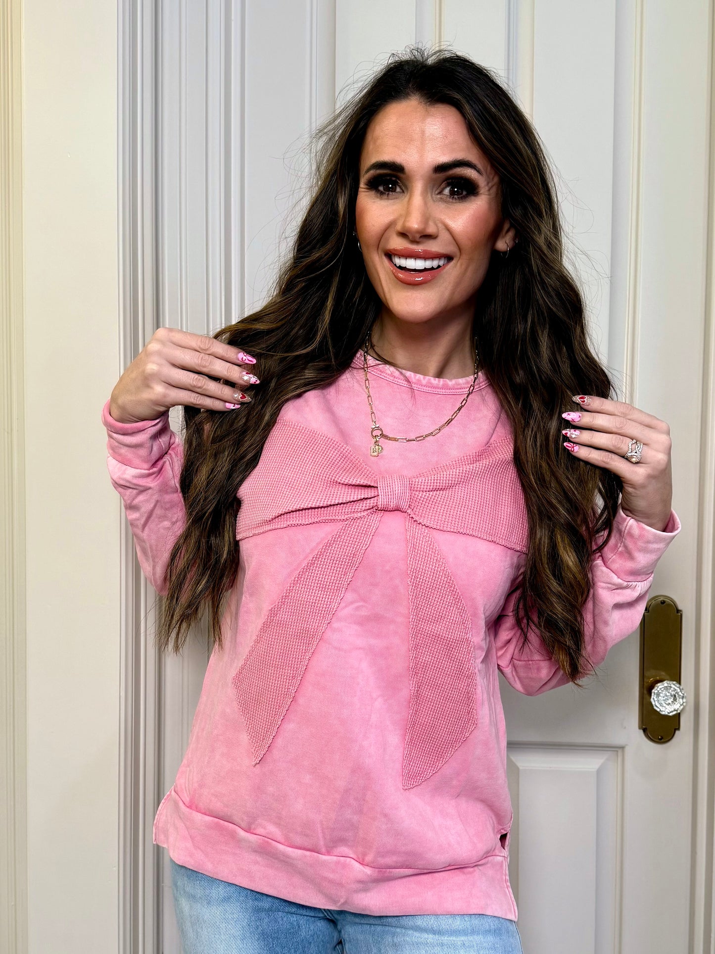 Bright Pink Mineral Wash Big Bow Patchwork Pullover Sweatshirt