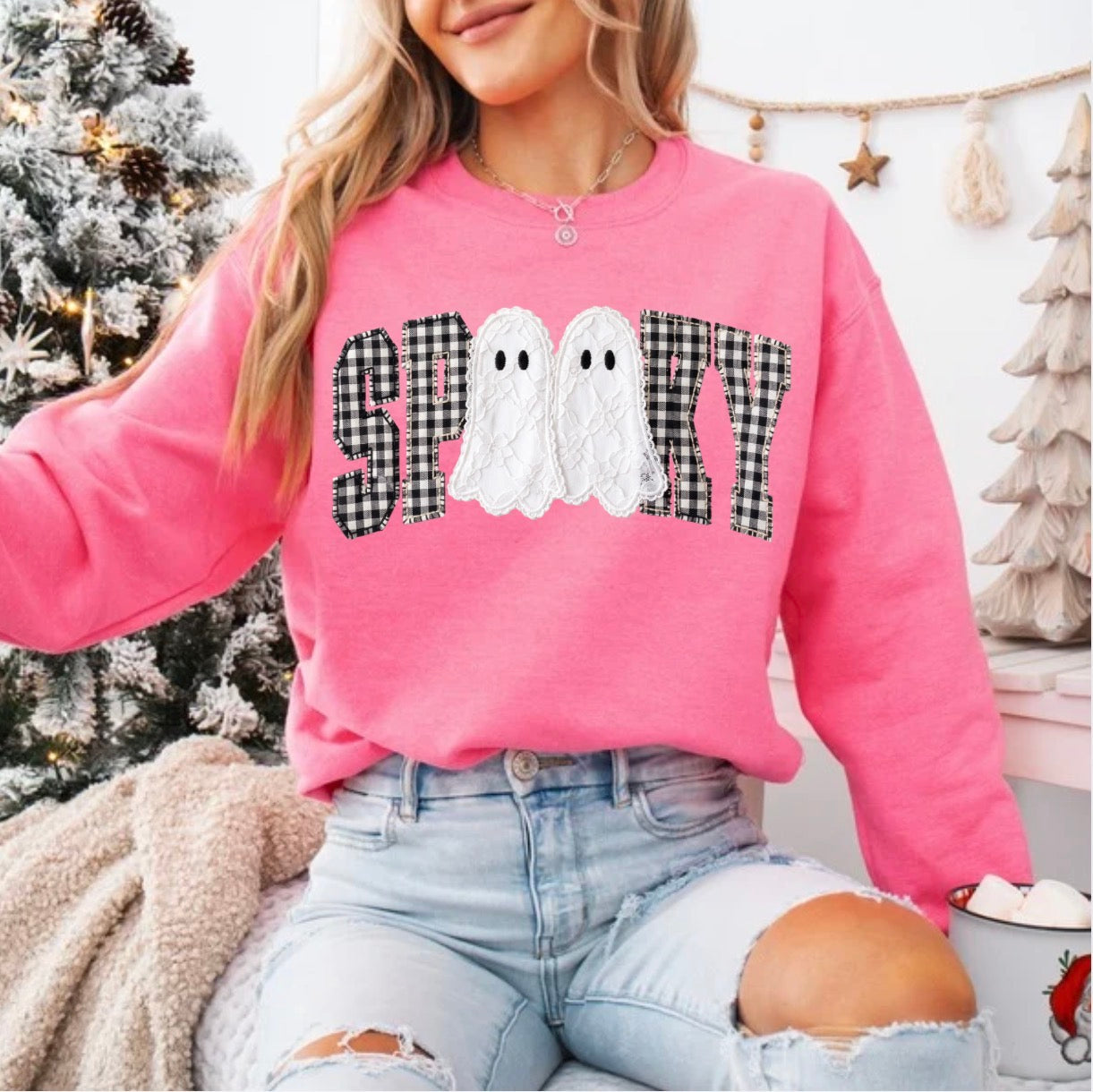 Gingham Spooky Ghost, Gingham Halloween, Lace Ghost, Vintage Halloween, Trendy Halloween Sweatshirt