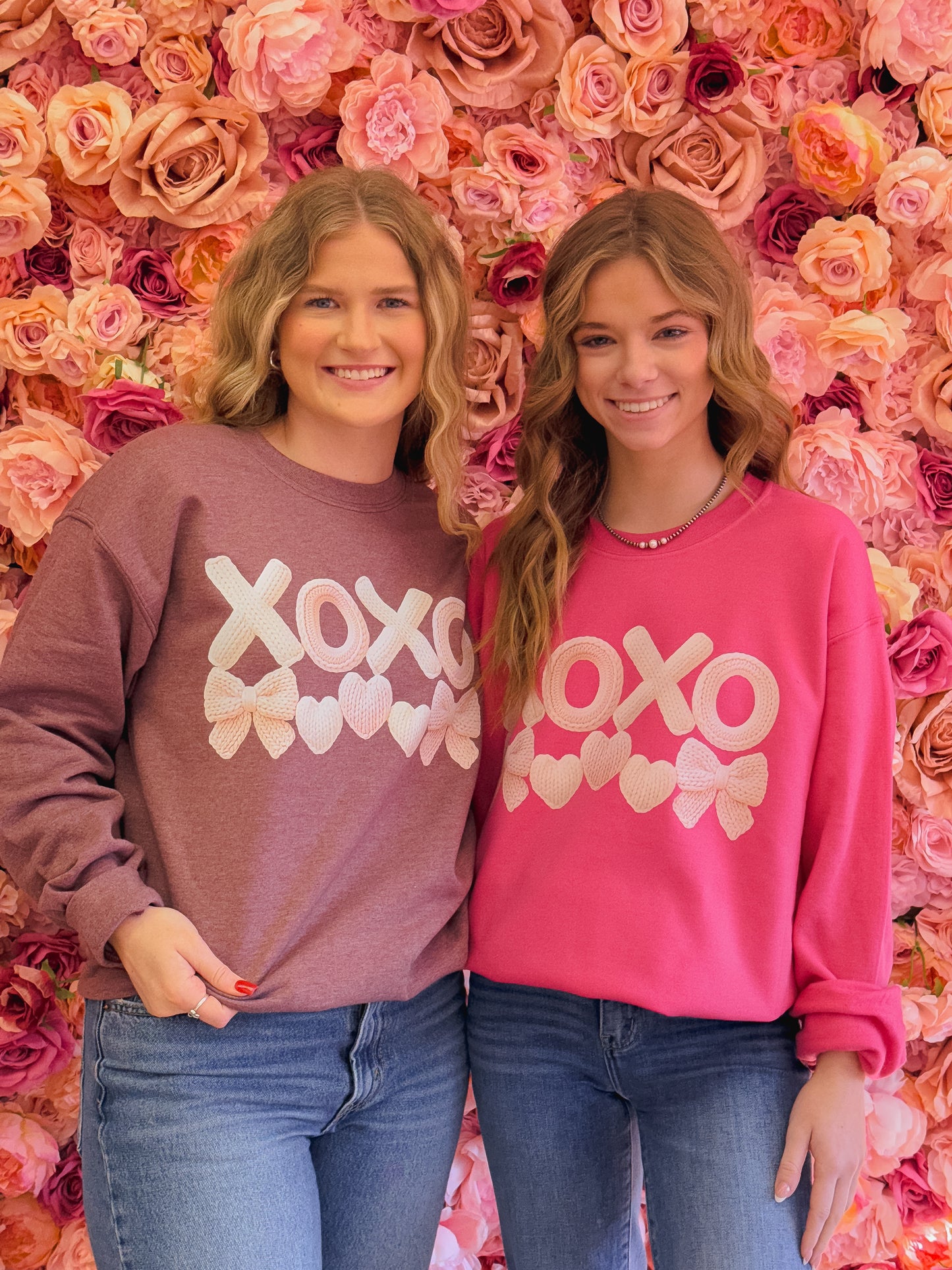 XOXO Faux Yarn, Hearts, Bows, Light Pink & Cream, Faux Yarn Valentines Day Sweatshirt