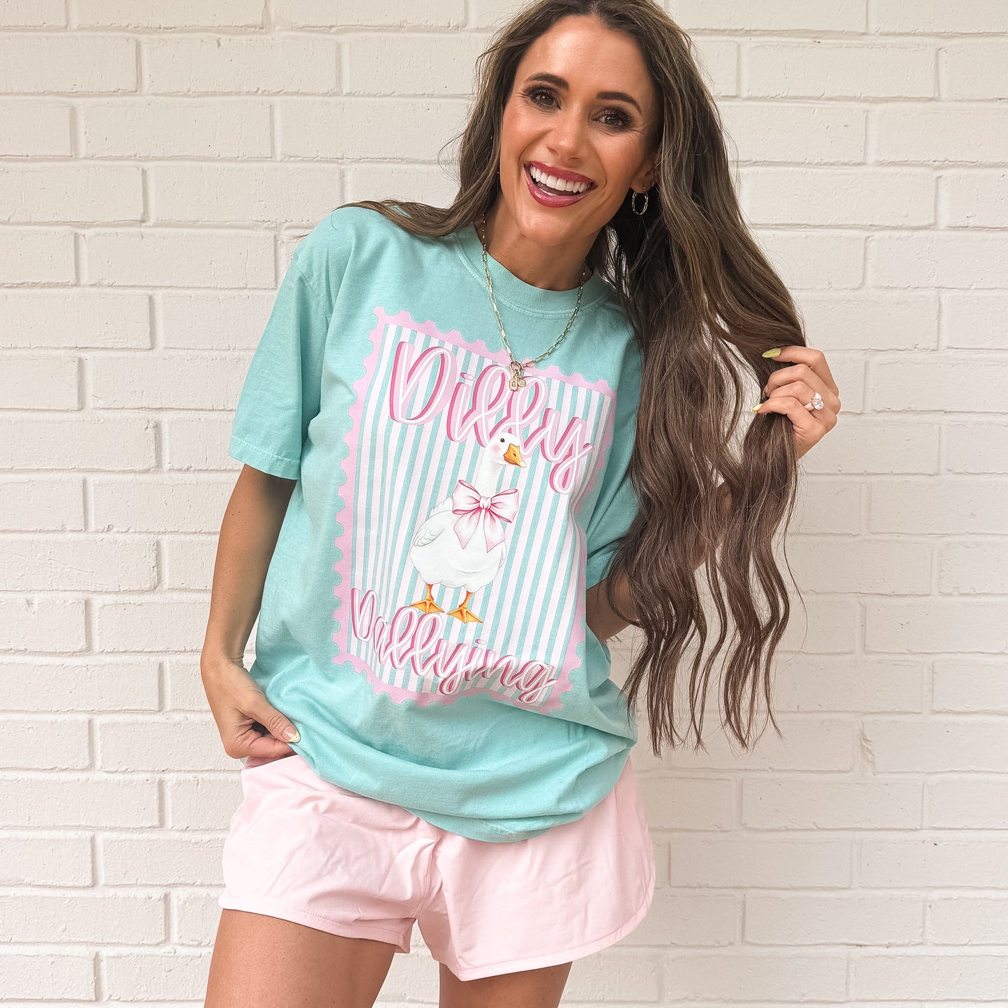 Pink Preppy Dilly Dally Goose, Coquette Bow Goose, Funny Goose Stamp, Retro Striped Bow GooseT-shirt