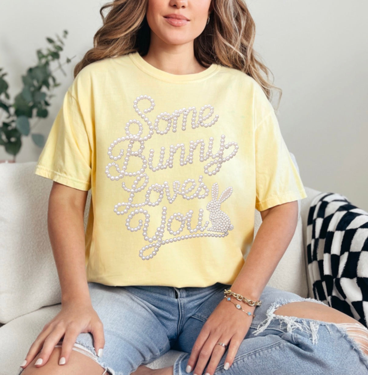 FAUX Pearl Some Bunny Loves You , Easter Bunny , FAUX Pearl, Easter Shirt, Spring, Cute Boho Easter, Coquette Sweatshirt (Website)