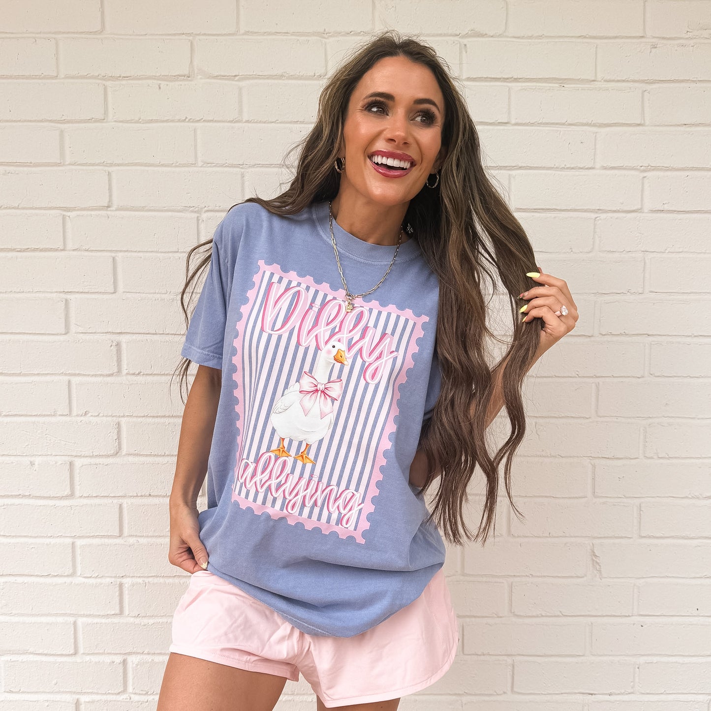 Pink Preppy Dilly Dally Goose, Coquette Bow Goose, Funny Goose Stamp, Retro Striped Bow GooseT-shirt