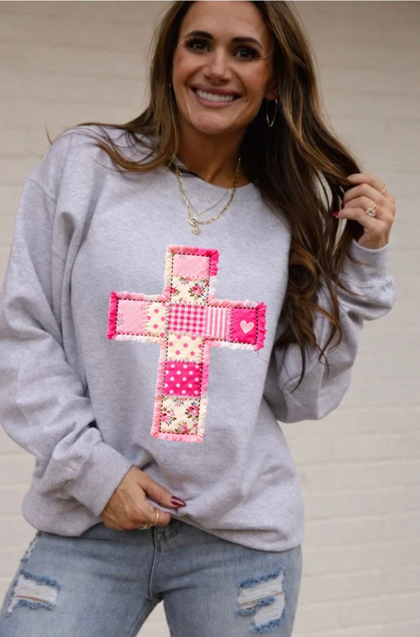 FAUX Patchwork , DTF Print, Valentine Cross, Trendy Valentine, Valentine's Day, Jesus Valentine, Valentine Heart, Christian Sweatshirt (NOT Real Fabric Patches) (Website)