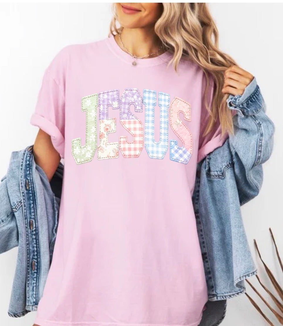 Faux Quilted Jesus , Faux Quilted Religious, Faux Embroidered Christian, Varsity Faith (NOT Real Fabric Patches) Sweatshirt (Website)1