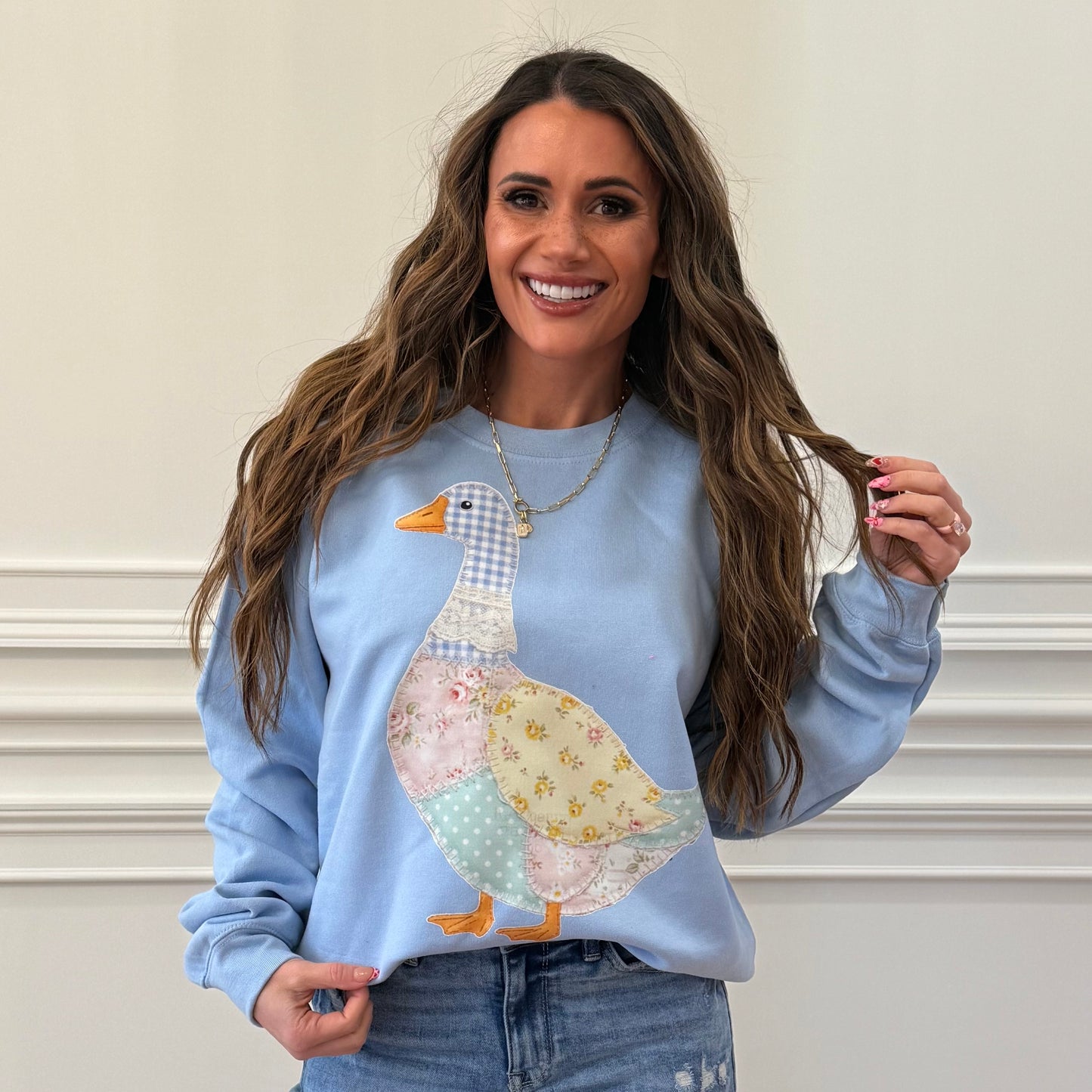 Faux Pastel Quilted Goose, DTF Print, Thrifted Vintage Style Goose Sweatshirt (NOT Real Fabric Patches) Website