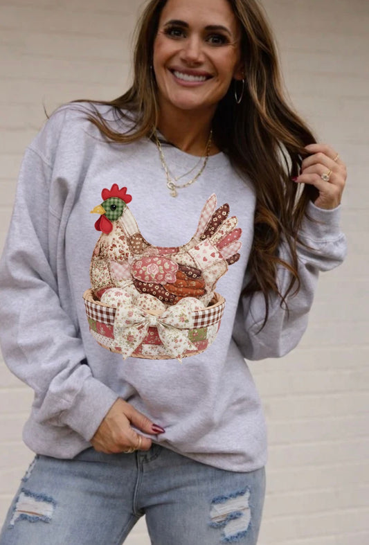 Vintage Faux Patchwork Hen Thrifted DTF Print, Retro Cottage core, Hen In Nest, 90s Grandma Core Inspired, Granny Sweater Style, Trendy