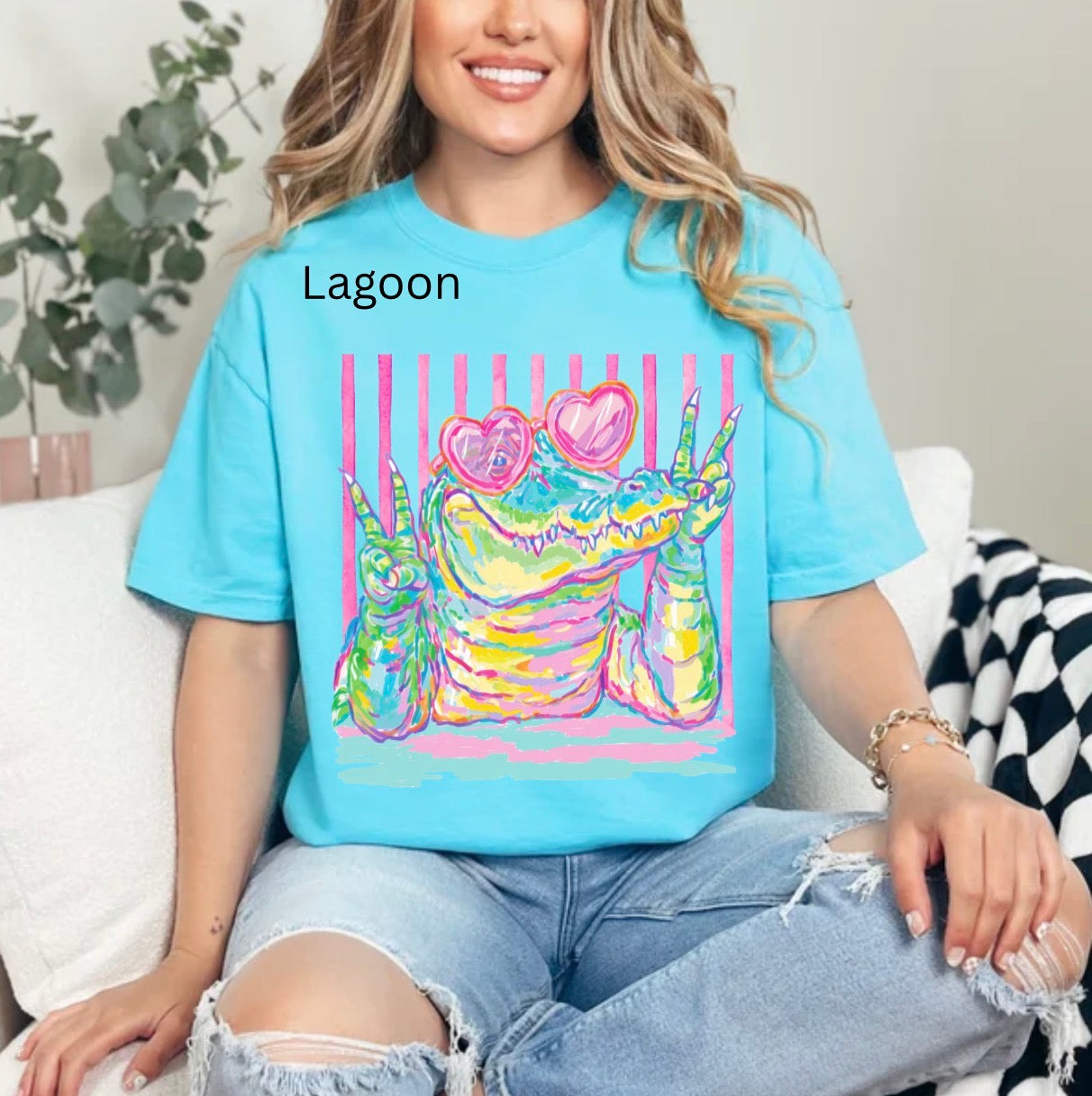 Preppy Crocodile, Alligator with Heart Sunglasses, Girly Summer, Animal Design T-shirt